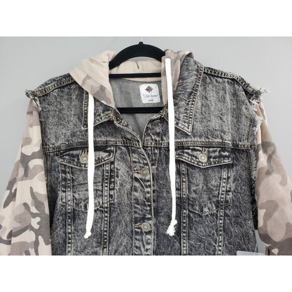 NEW SIZE SMALL Like Love Camo Hooded Button Up Jean Jacket Hoodie Sweatshirt y2k - Picture 2 of 5